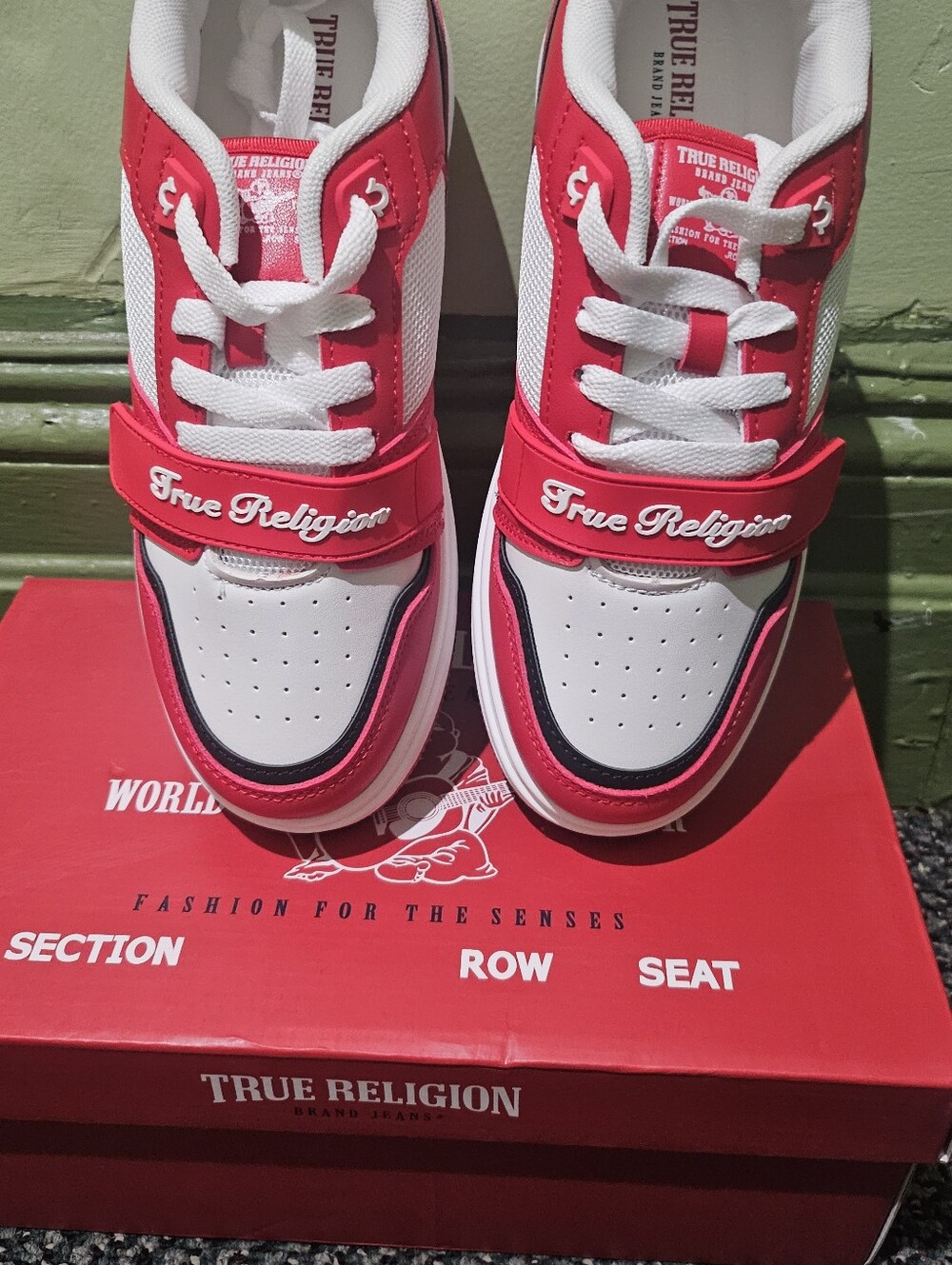 True Religion Red and White Velcro Low-Top Sneakers